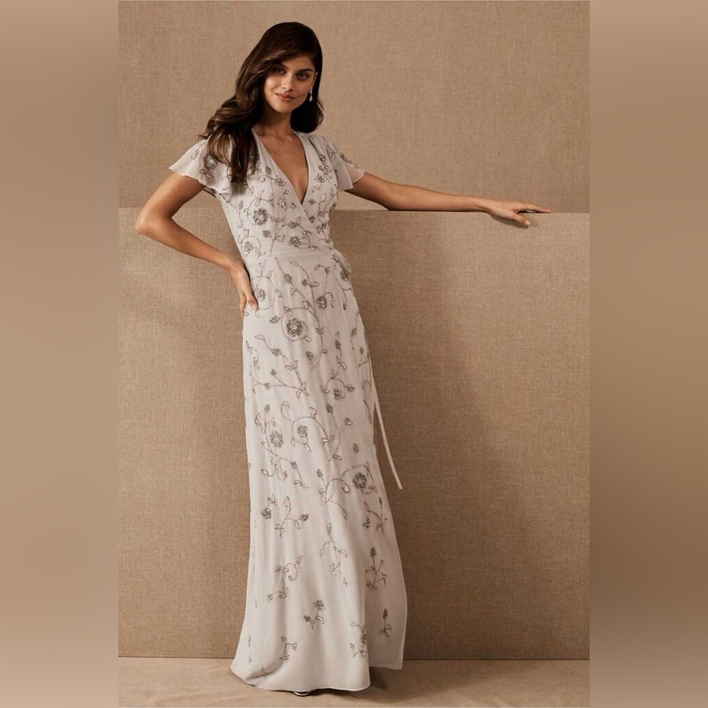 BHLDN Anthropologie Plymouth Beaded Wrap Dress in Fog Grey | Size 10 | NWT